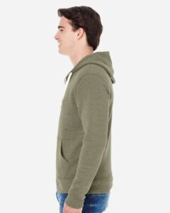 J. America 8872 Men’s Triblend Full-Zip Hooded Sweatshirt – Olive Triblend (on model side)
