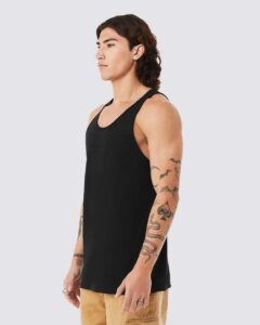 BELLA + CANVAS 3484 Unisex Triblend Tank – Solid Black Triblend (on model side)