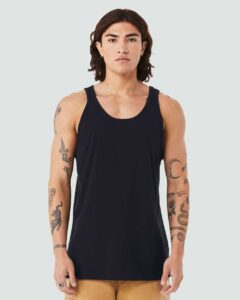 BELLA + CANVAS 3480CVC Unisex Heather CVC Tank – Solid Black Blend (on model)