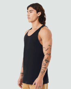 BELLA + CANVAS 3480CVC Unisex Heather CVC Tank – Solid Black Blend (on model side)