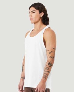 BELLA + CANVAS 3480CVC Unisex Heather CVC Tank – Solid White Blend (on model side)