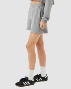 BELLA + CANVAS 3787 Women’s Cutoff Shorts – Athletic Heather (on model side)
