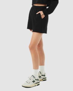 BELLA + CANVAS 3787 Women’s Cutoff Shorts – Black (on model side)