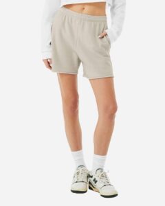 BELLA + CANVAS 3787 Women’s Cutoff Shorts – Heather Dust (on model)