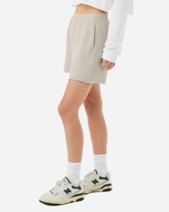 BELLA + CANVAS 3787 Women’s Cutoff Shorts – Heather Dust (on model side)