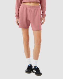 BELLA + CANVAS 3787 Women’s Cutoff Shorts – Mauve (on model)