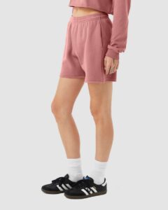 BELLA + CANVAS 3787 Women’s Cutoff Shorts – Mauve (on model side)