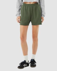 BELLA + CANVAS 3787 Women’s Cutoff Shorts – Military Green (on model)