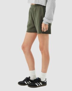 BELLA + CANVAS 3787 Women’s Cutoff Shorts – Military Green (on model side)