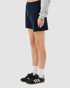 BELLA + CANVAS 3787 Women’s Cutoff Shorts – Navy (on model side)