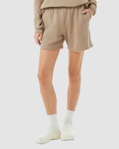 BELLA + CANVAS 3787 Women’s Cutoff Shorts – Tan (on model)