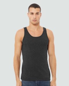 BELLA + CANVAS 3480CVC Unisex Heather CVC Tank – Dark Grey Heather (on model)