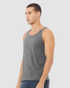 BELLA + CANVAS 3480CVC Unisex Heather CVC Tank – Deep Heather (on model side)