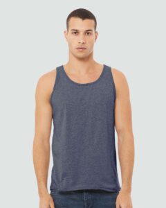 BELLA + CANVAS 3480CVC Unisex Heather CVC Tank – Heather Navy (on model)
