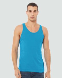 BELLA + CANVAS 3480CVC Unisex Heather CVC Tank – Neon Blue (on model)