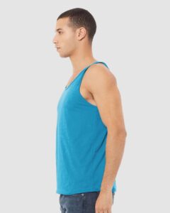 BELLA + CANVAS 3480CVC Unisex Heather CVC Tank – Neon Blue (on model side)