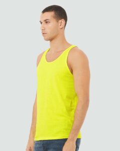 BELLA + CANVAS 3480CVC Unisex Heather CVC Tank – Neon Yellow (on model side)