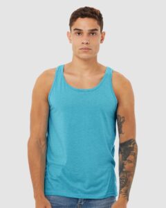 BELLA + CANVAS 3484 Unisex Triblend Tank – Aqua Triblend (on model)