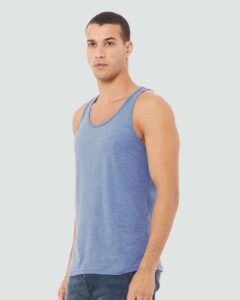 BELLA + CANVAS 3484 Unisex Triblend Tank – Blue Triblend (on model side)