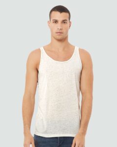 BELLA + CANVAS 3484 Unisex Triblend Tank – Oatmeal Triblend (on model)