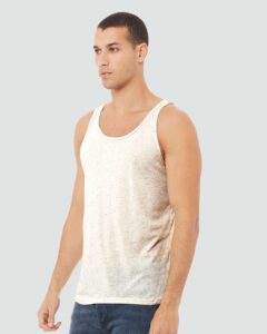 BELLA + CANVAS 3484 Unisex Triblend Tank – Oatmeal Triblend (on model side)