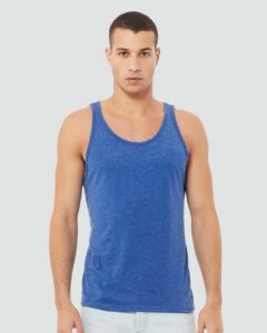 BELLA + CANVAS 3484 Unisex Triblend Tank – True Royal Triblend (on model)