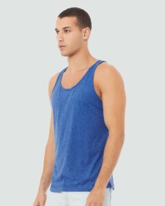 BELLA + CANVAS 3484 Unisex Triblend Tank – True Royal Triblend (on model side)