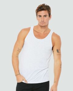 BELLA + CANVAS 3484 Unisex Triblend Tank – White Fleck Triblend (on model)