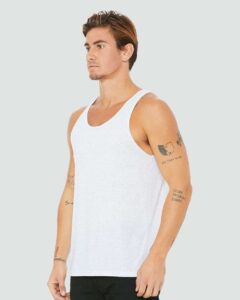BELLA + CANVAS 3484 Unisex Triblend Tank – White Fleck Triblend (on model side)