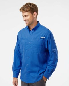 Columbia 212467 Men’s PFG Tamiami™ II Shirt – Vivid Blue (on model side)
