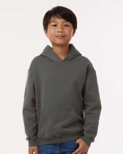 Tultex 320Y Youth Hooded Sweatshirt – Charcoal (on model)