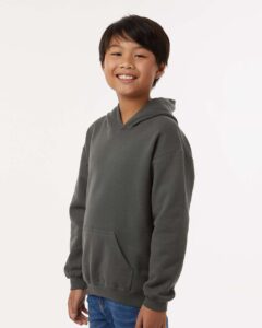 Tultex 320Y Youth Hooded Sweatshirt – Charcoal (on model side)