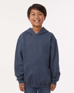 Tultex 320Y Youth Hooded Sweatshirt – Heather Denim (on model)