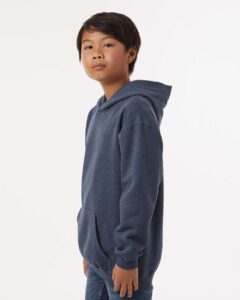 Tultex 320Y Youth Hooded Sweatshirt – Heather Denim (on model side)