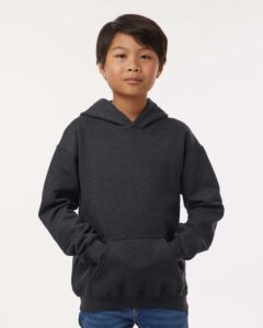 Tultex 320Y Youth Hooded Sweatshirt – Heather Graphite (on model)