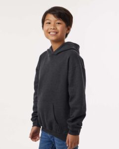 Tultex 320Y Youth Hooded Sweatshirt – Heather Graphite (on model side)