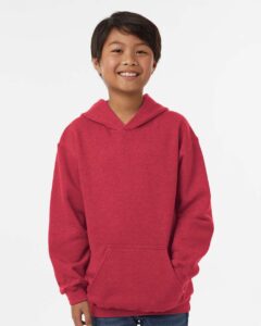 Tultex 320Y Youth Hooded Sweatshirt – Heather Red (on model)
