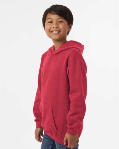 Tultex 320Y Youth Hooded Sweatshirt – Heather Red (on model side)
