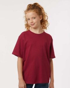 M&O 4850 Youth Gold Soft Touch T-Shirt – Cardinal Red (on model)