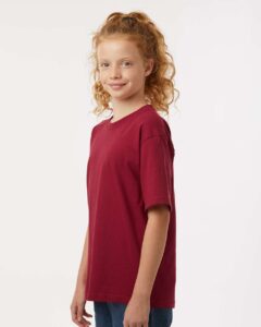 M&O 4850 Youth Gold Soft Touch T-Shirt – Cardinal Red (on model side)