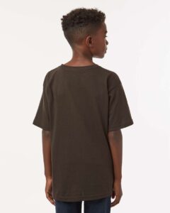 M&O 4850 Youth Gold Soft Touch T-Shirt – Chocolate (on model back)