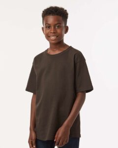 M&O 4850 Youth Gold Soft Touch T-Shirt – Chocolate (on model)