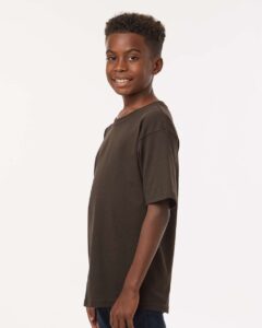 M&O 4850 Youth Gold Soft Touch T-Shirt – Chocolate (on model side)