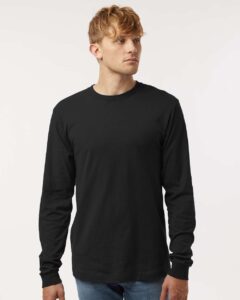 Tultex 202LS Unisex Fine Jersey Long Sleeve T-Shirt – Black (on model)