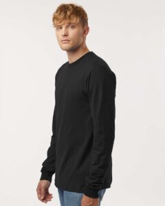 Tultex 202LS Unisex Fine Jersey Long Sleeve T-Shirt – Black (on model side)