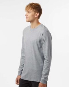 Tultex 202LS Unisex Fine Jersey Long Sleeve T-Shirt – Heather Grey (on model side)