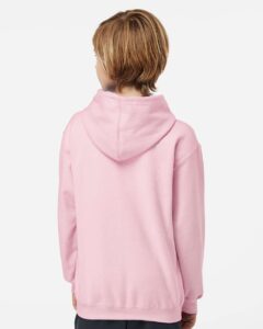 Tultex 320Y Youth Hooded Sweatshirt – Light Pink (on model back)