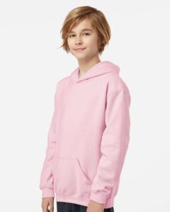 Tultex 320Y Youth Hooded Sweatshirt – Light Pink (on model side)
