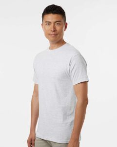 M&O 4800 Men’s Gold Soft Touch T-Shirt – Ash (on model side)