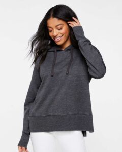 LAT 3536 Women’s Vintage Wash Hoodie Sweatshirt – Washed Black (on model)